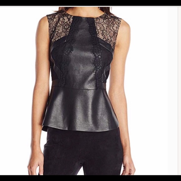 BCBGMaxAzria Laine Black Lace Faux Leather Peplum Top - Size XXS, XS - Picture 1 of 2